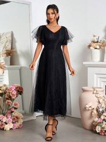 SHEIN Belle Stylish And Elegant Black Tulle Evening Dress For Bridesmaid