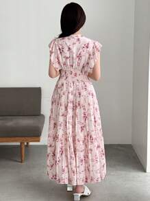 FRIFUL Women's Summer Floral Printed Cap Sleeve Midi Dress With Ruffled Trim Sundress