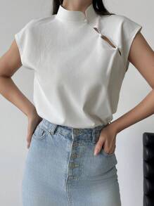 Firerie 大码优雅通勤新款中式立领无袖衬衫，落肩荷叶袖设计，纽扣闭合，白色 - 白色 - 查看 1