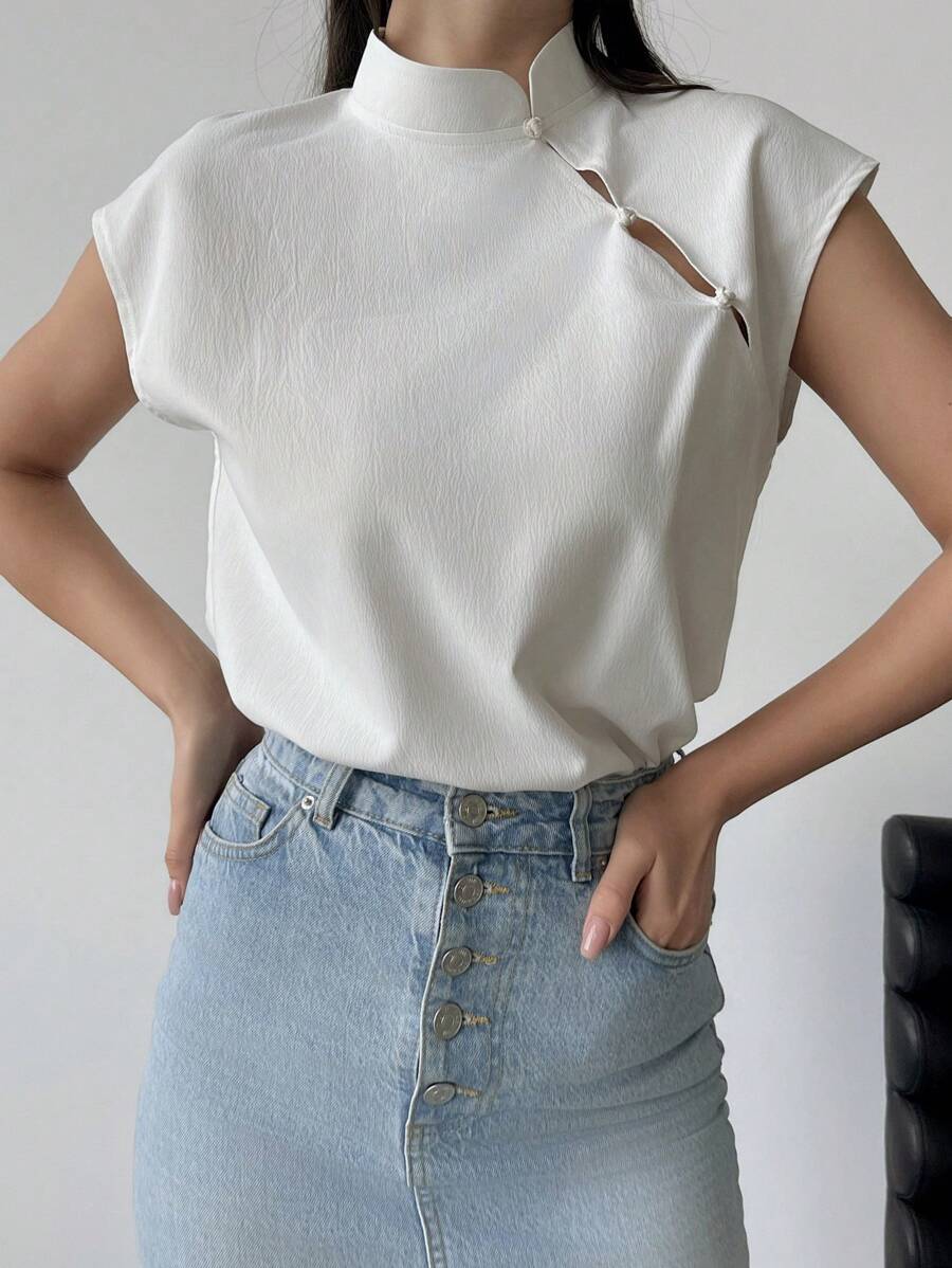 Firerie 大码优雅通勤新款中式立领无袖衬衫，落肩荷叶袖设计，纽扣闭合，白色 - 白色 - 查看 1