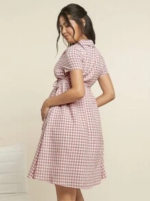 SHEIN Maternity Home Wear Sailor Collar Short Sleeve Knee-Length Casual Woven Plaid Pregnancy Dress