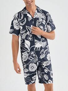 Conjunto de camisa de manga corta con estampado completo y pantalones cortos para hombre, para ropa de verano en casa