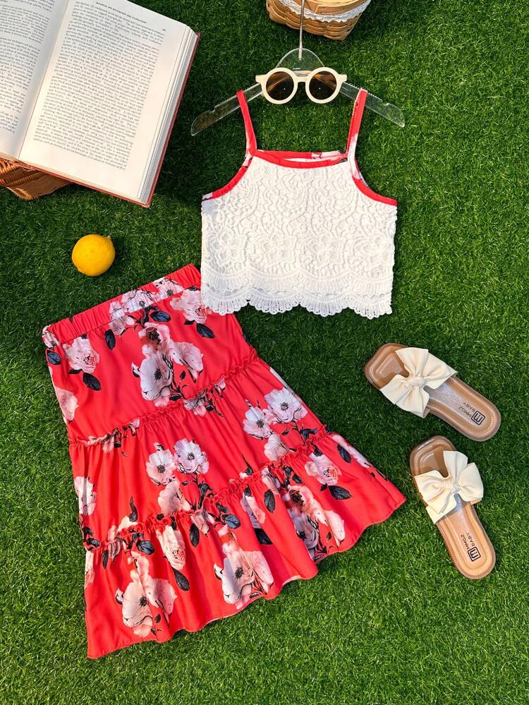Young Girl Fashionable Lace Camisole Top + Printed Floral Detail Skirt, 2pcs/Set, Suitable For Vacation