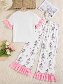SHEIN Tween Girl Ballet Dancing Printed Ruffle Hem Short Sleeve Top And Pants Pajama Set - Baby Pink - View 2