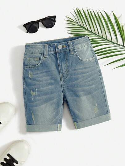 SHEIN Tween Boy Summer Casual Cat Whisker Detail Rolled Hem Denim Shorts