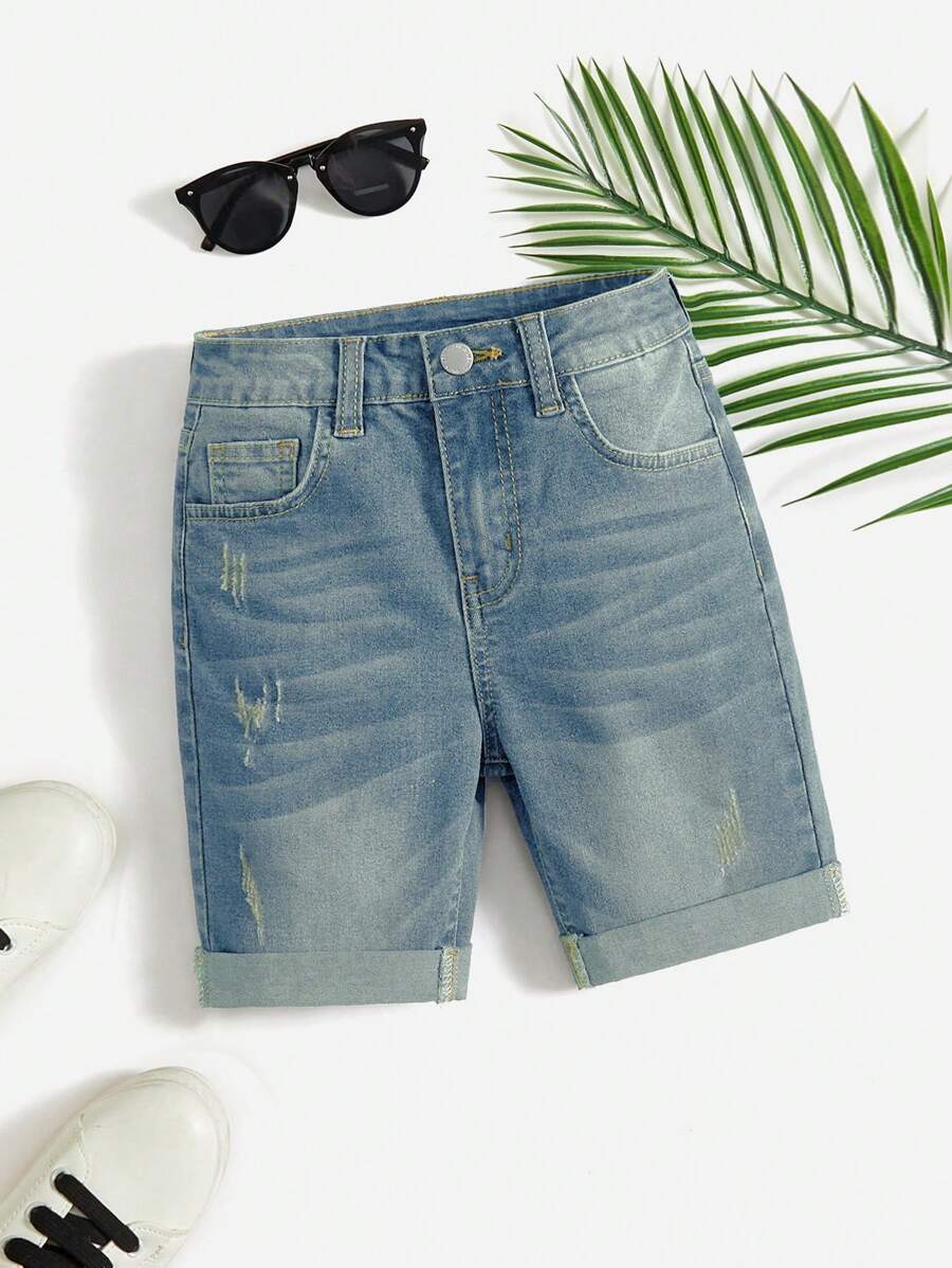 SHEIN Tween Boy Summer Casual Cat Whisker Detail Rolled Hem Denim Shorts