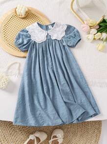 SHEIN LMoss Kids LMoss Young Girl Young Girl Woven Solid Color Peter Pan Collar Dress, Casual