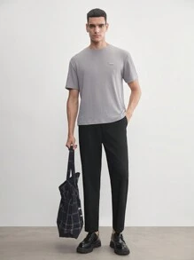 Manfinity RebelGame 易護理男式編織商務休閒黑色純色錐形長褲，適合春夏季，日常穿著完美 - 黑色 - 查看 6