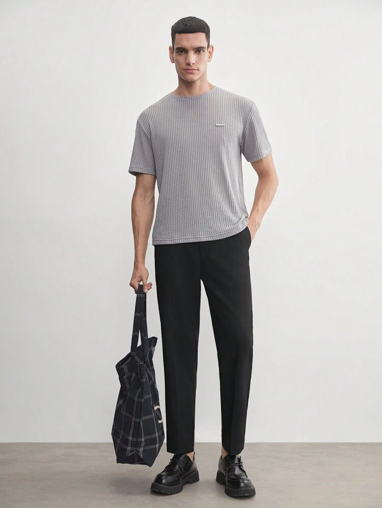 Easy Care Men's Woven Business Casual Black Solid Color Tapered Trousers, Suitable For Spring And Summer, Perfect For Daily Wear