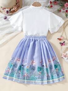 Süßes 2 Stücke Set für Tween-Mädchen: Polo Shirt Einfarbig und Faltenrock mit Blumenmuster, Sommer