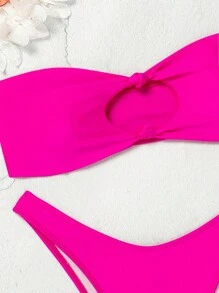 SHEIN Swim Ladies Solid Color Strapless Sexy Bikini Set For Vacation, Wire-Free,Summer Beach - Hot Pink - View 3