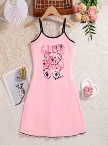 SHEIN Women's Teddy Bear Print Ruffle Hem Spaghetti Strap Nightgown - Pink - View 6