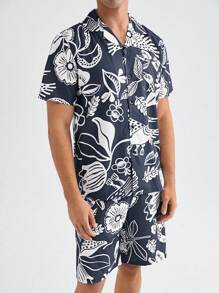 Conjunto de camisa de manga corta con estampado completo y pantalones cortos para hombre, para ropa de verano en casa