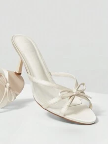 MOTF PREMIUM 圆头细跟网眼蝴蝶结设计女士高跟凉鞋，适合圣诞节、秋季新年假期、情人节 - 米色 - 查看 7