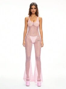 ROMWE Kawaii Sweetheart Mesh Halter Bodystocking With Flared Hem And Exclusive Neck Strap - Pink - View 2