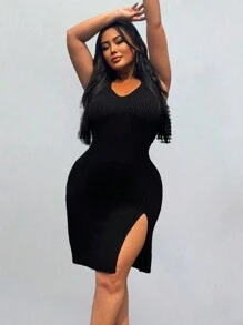 Allurite Plus Size Women's Simple Solid Color Sleeveless Sweater Dress - Black - View 6