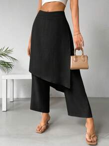 SHEIN Essnce Women Two-Layered Linen Color Loose Straight Long Skirt & Pants For Spring And Summer Casual Wear - Black - View 1