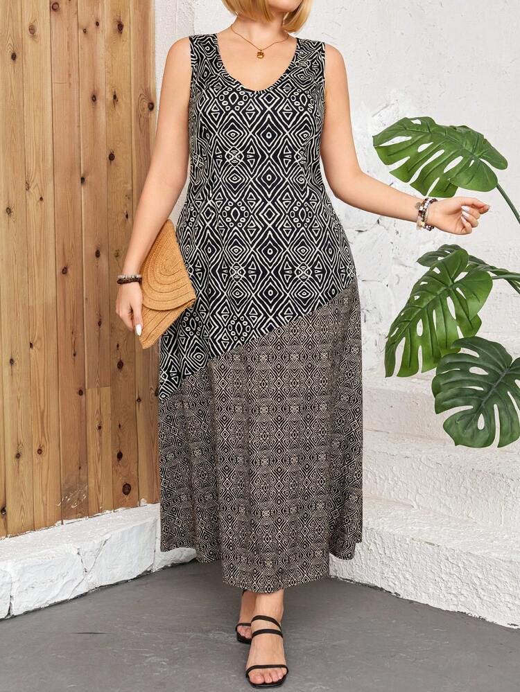 Plus Size Casual Vacation Style Sleeveless Dress With Random Prints