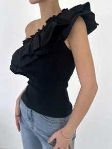 DAZY Women's Summer Fashion Solid Color Asymmetrical Neck Ruffle Trim Sleeveless Top Going Out Tops - Black - View 3