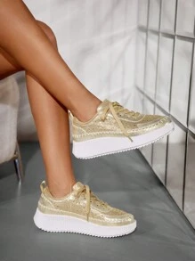 Women's Gold Chunky Sneakers, Fashion Daily Shoes Sports Shoes Casual Shoes - Gold - View 9