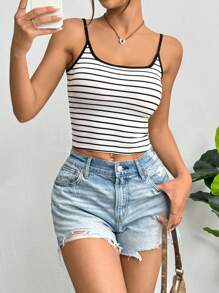 SHEIN EZwear Top de punto de canalé negro y blanco a rayas para mujer - Blanco y Negro - Ver 4