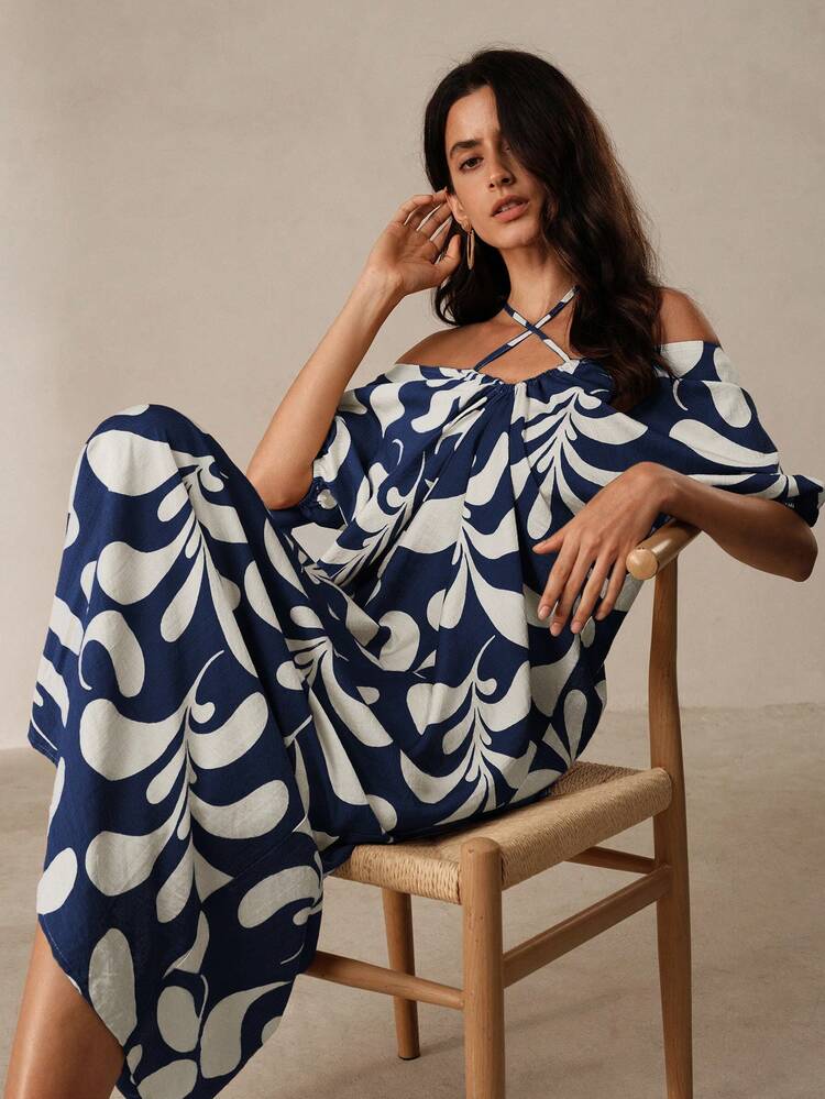 Women Fashionable Color-Block Printed Off Shoulder Dress