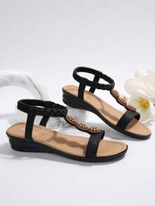 2024 Nữ Sandal Đế Xuồng Phong Cách Bohemian Hàn Quốc, Giày Đế Xuồng Hở Ngón Phong Cách & Đa Năng Cho Mùa Hè - màu đen - Xem 3