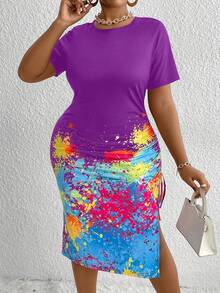 Maweii Robe d'été grande taille à manches courtes, col rond et teinture attachée; Fente latérale froncée à cordon de serrage ajusté à la peau. - Prune - Voir 3