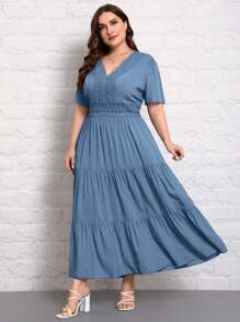 SHEIN Privé Plus Size V-Neck Elegant Lace Patchwork Long Casual Summer Holiday Short Sleeve Dress
