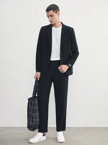 AKNOTIC Business Casual Easy Care 2pcs Men's Old Money Style Woven Business Slim Fit Suit Jacket Elastic Waist Drawstring Suit Pants Set For Spring And Summer - Navy Blue - View 5