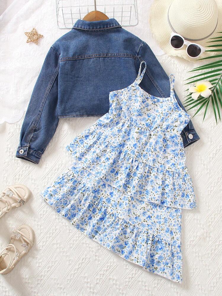 Young Girl Vacation Floral Printed Asymmetrical Hem Cami Dress And Long Sleeve Denim Jacket 2pcs/Set