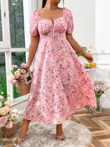 SHEIN LUNE 大码波西米亚风短袖花卉印花开叉浪漫假日连衣裙夏季女装 - 粉色 - 查看 3