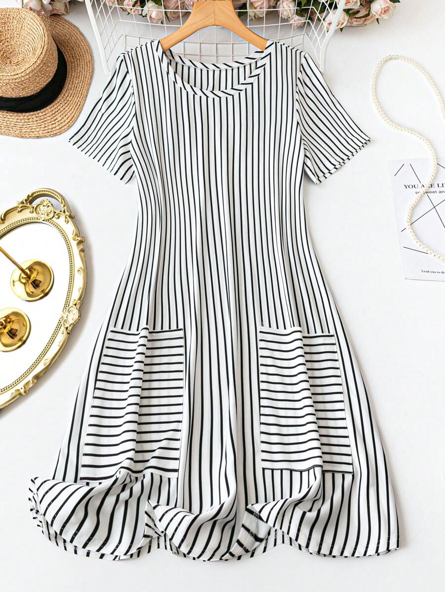 SHEIN LUNE Plus Size Boho Women's Summer Striped Round Neck Short Sleeve Casual T-Shirt Dress With Two Pockets