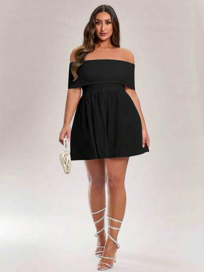 SHEIN BAE Vestido corto de verano dulce y sexy para mujer de talla grande, con un hombro, unicolor, empalmado, de línea A, vestidos de cumpleaños para mujeres