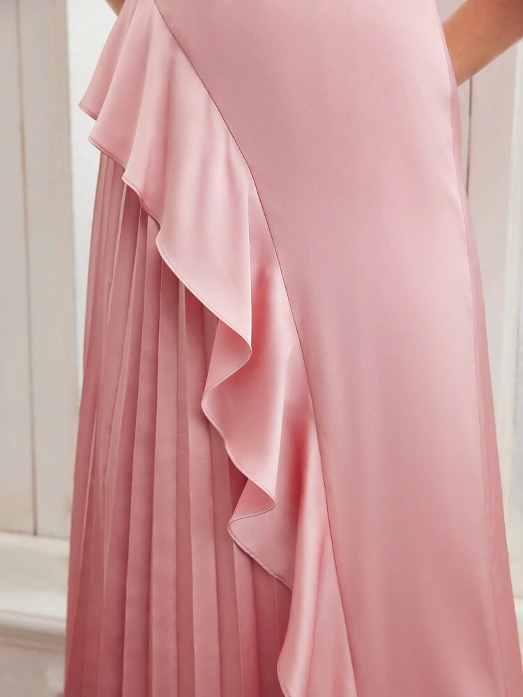 V-NECK FLUTTER SLEEVE RUFFLE TRIM PLEATED PANEL DRESS
