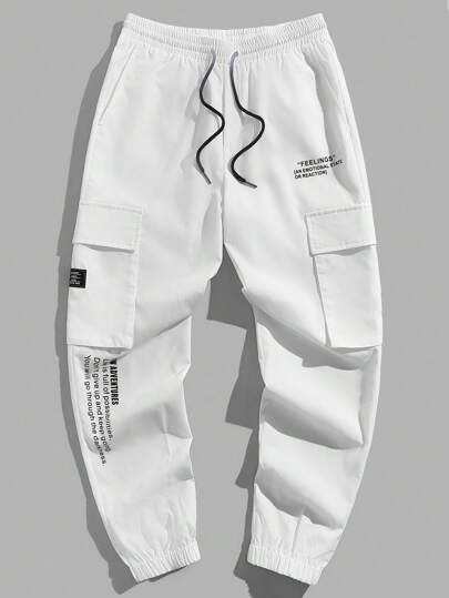 Manfinity VCAY 男士梭织工装裤，带标语印花和抽绳腰部，白色工装裤，男士白色运动裤，秋季工装运动裤