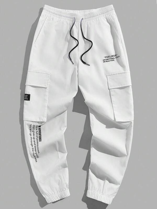 Manfinity VCAY Men's Woven Work Pants With Slogan Print And Drawstring Waist White Cargo Pants Men White Sweatpants Cargo Sweatpants, For Fall