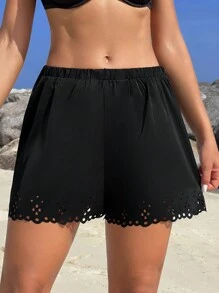 Swim Vcay Summer Clothes Women's Solid Color Elastic Waist Burnt-Out Hollow Out Cover Up Top And Shorts Summer