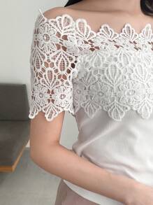 FRIFUL Áo thun nữ mùa hè phối ren, màu trơn, trễ vai, tay ngắn, dáng ôm, thanh lịch, thích hợp cho ngày Valentine. - trắng - Xem 8