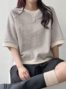 DAZY Women's Summer Round Neck Loose Fit Casual Striped Short Sleeve T-Shirt