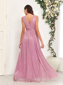Double V-Neck Sparkly Bridesmaid Dress - Dusty Pink - View 2