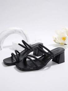 法国女神露趾粗跟凉鞋，全新夏季时尚设计，优雅系带连衣裙高跟鞋 - 黑色 - 查看 7