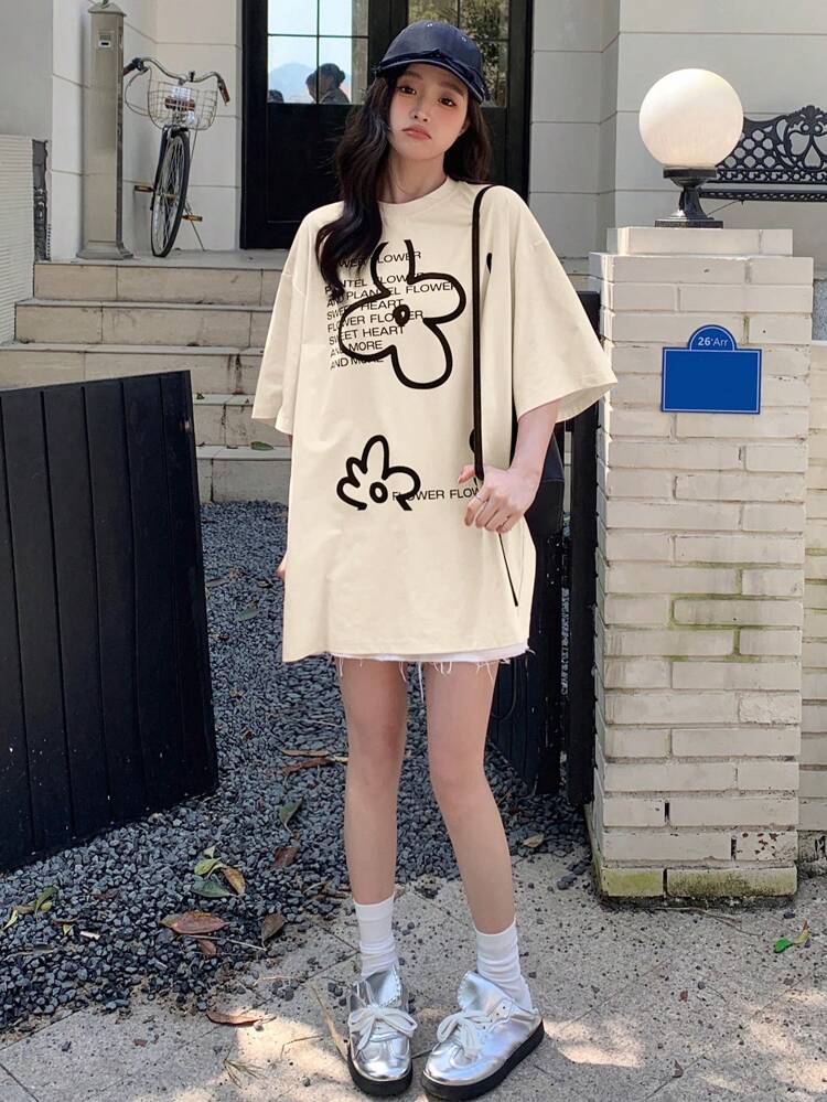 Women's Summer Floral Slogan Print Round Neck Oversized Loose Casual T-Shirt Cute Tops,Graphic Tees Preppy Tops Easter