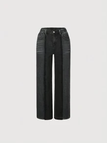 SHEIN Schwarz gewaschene Baggy Jeans im Streetwear-Stil für Teenager Mädchen mit Kontrast-Panelen, fransigem Saum und elastischem Bund - Schwarz - Übersicht 1