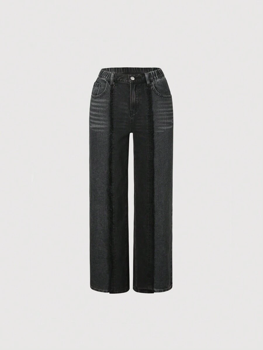 SHEIN Schwarz gewaschene Baggy Jeans im Streetwear-Stil für Teenager Mädchen mit Kontrast-Panelen, fransigem Saum und elastischem Bund - Schwarz - Übersicht 1