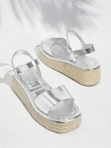 SHUZIA Women's Wedge Heel Thick Sole Silver Sandals With Open Toe
