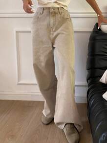 DAZY Ladies' Flared Jeans With Bleach Wash And Distressing,Ladies Button,Pocket,Zipper Natural Wide Leg Long Khaki Curvy Loose Women Jeans,Spring/Fall,Casual Daily Wear