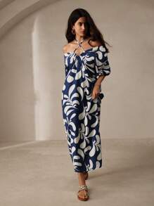 Anewsta 女士时尚拼色印花露肩连衣裙 - 藏蓝色 - 查看 6