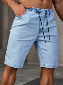 Manfinity Homme Men's Drawstring Waist Casual Bermuda Denim Shorts With Pockets Baggy Jorts Plain Light Blue Work Basic Going Out Vacation Hang Out Tropical Street - Light Wash - View 4