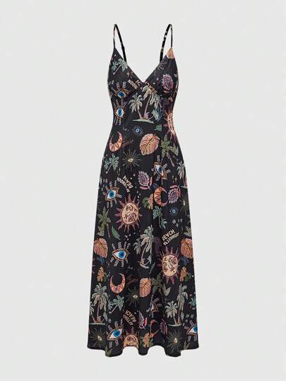 Hippie Sommer Urlaubs Lässig Kleid mit Allover-Muster und Spaghettiträgern